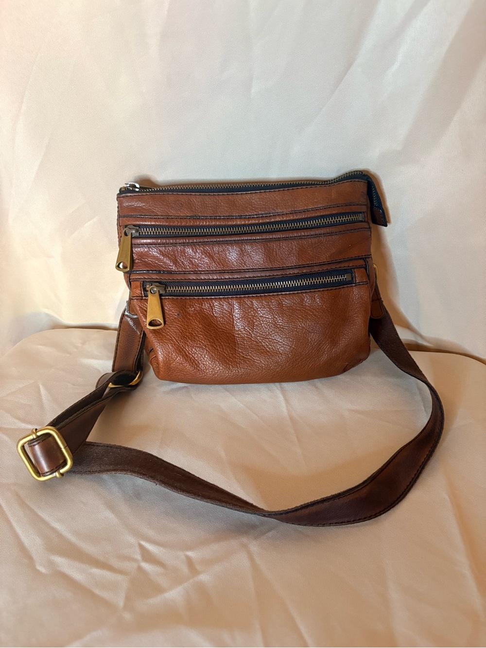 FOSSIL Cognac Brown Leather Crossbody Bag Multi Zip Pocket Purse Vintage